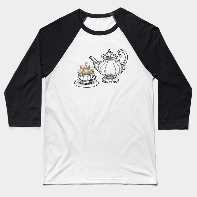 Tea And Flowers Proper English Countryside Baseball T-Shirt by BitterBaubles